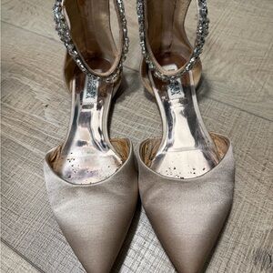Badgley Mischka Champagne Satin Pointed-Toe Jeweled Ankle-Strap Heels